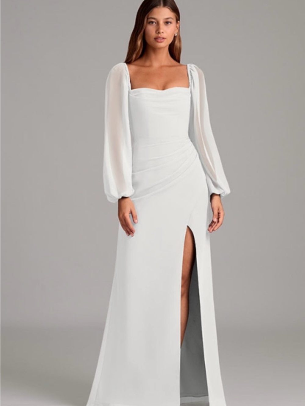 Azazie Brixley - Elegant White Long Sleeve Gown with Front Slit, Size 16